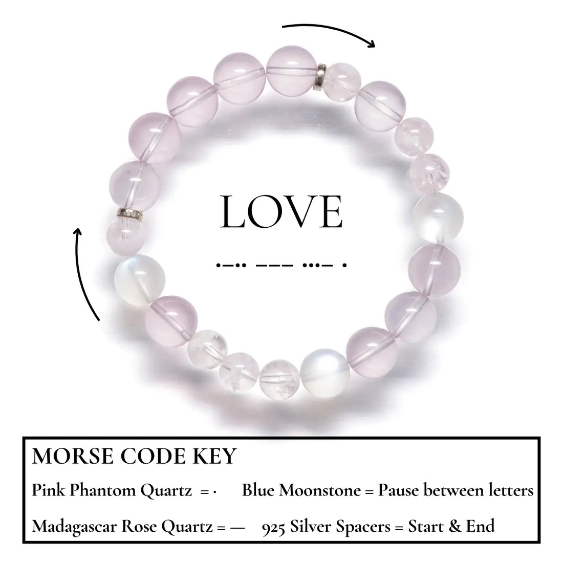 "LOVE" Morse Code Rose Quartz Crystal Bracelet