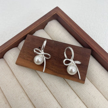 925 Sterling Silver Bow Knot Hoop Earrings with Imitation Pearl