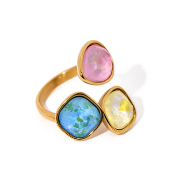 Adjustable 18K Gold Plated on Stainless Steel Open Ring with Colorful Gemstones