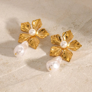 Stainless Steel 18K Gold - Plated Pearl Flower Stud Earrings