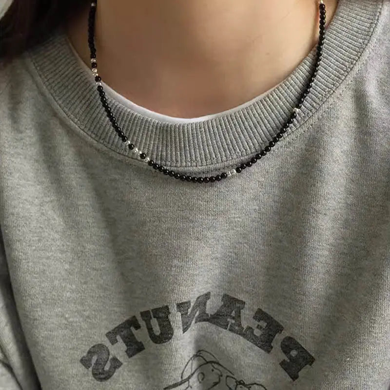 925 Sterling Silver & Black Agate Beaded Flash Necklace