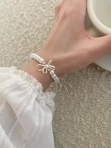 925 Sterling Silver 3D Bow Knot Pearl Bracelet