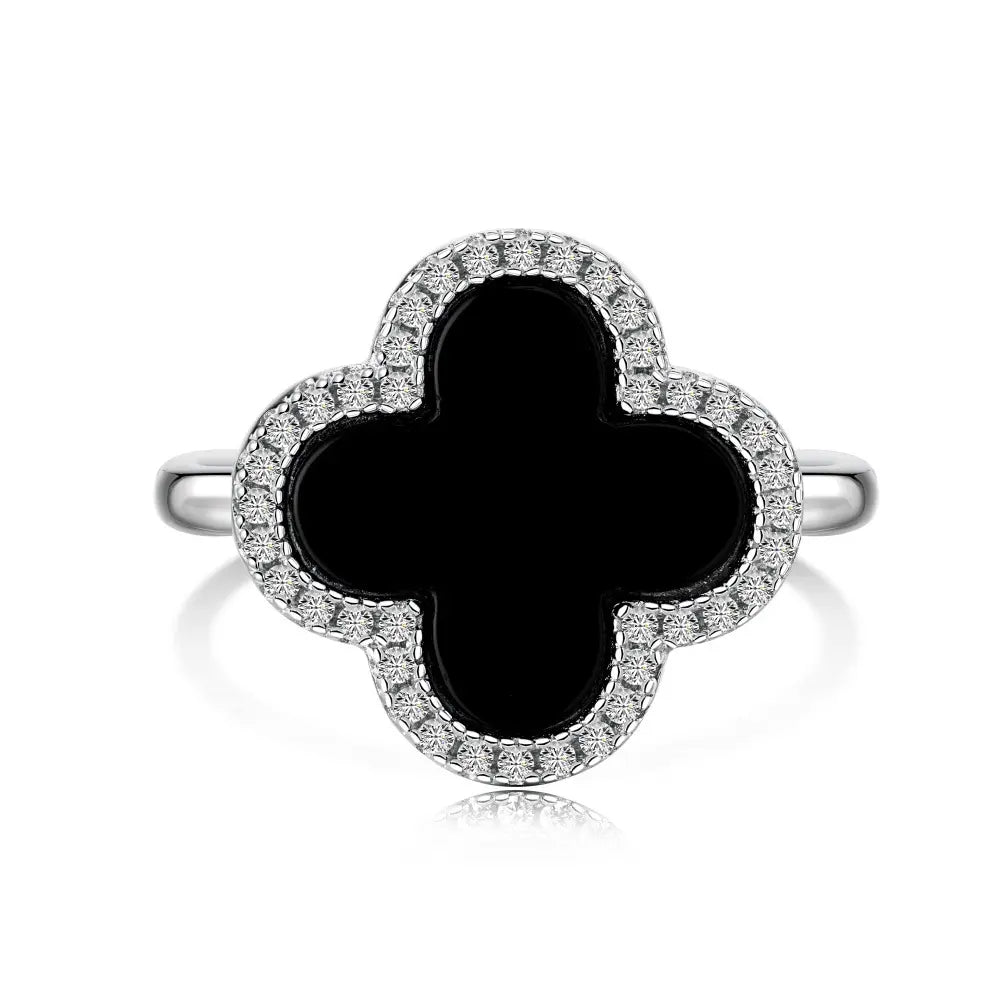 925 Sterling Silver Heart & Four-Leaf Clover 5A Cubic Zirconia Ring- White & Black