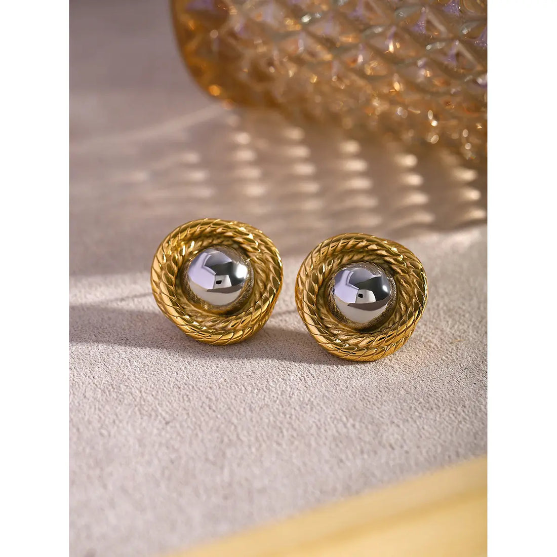 18K Gold-Plated Stainless Steel Twisted Textured Round Earrings