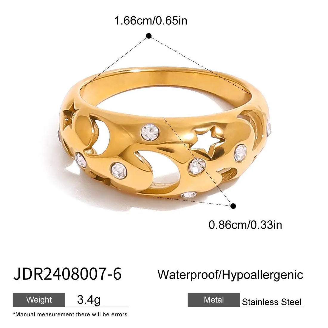 Hollow Star & Moon Ring – Stainless Steel with CZ Accents