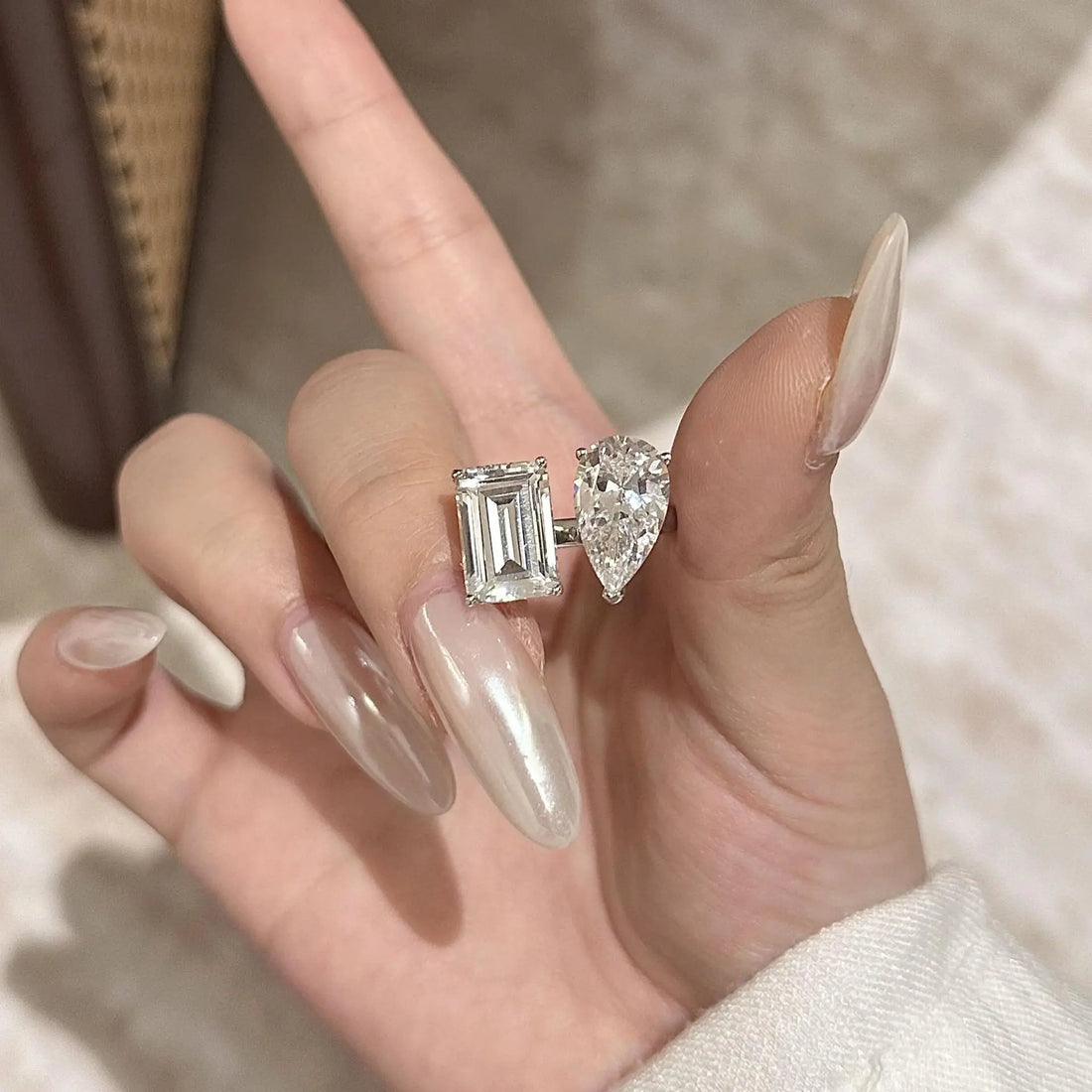 925 Sterling Silver Twin - Stone Ring: Pear - Shaped Drop & Square - Cut Diamond - Like Gem Ring