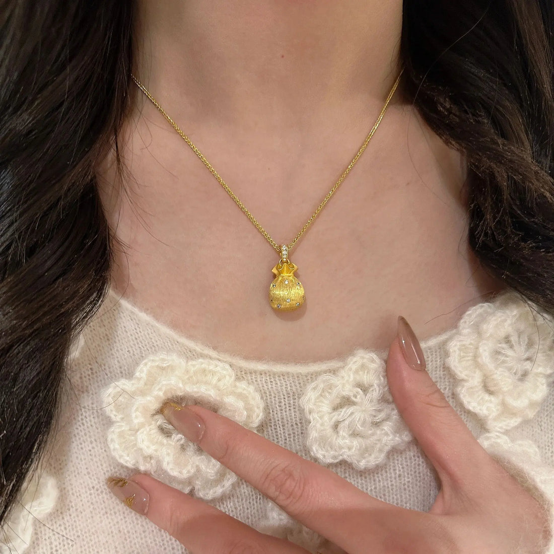 925 Silver Gold - Plated Diamond - Accented Lucky Pouch Necklace