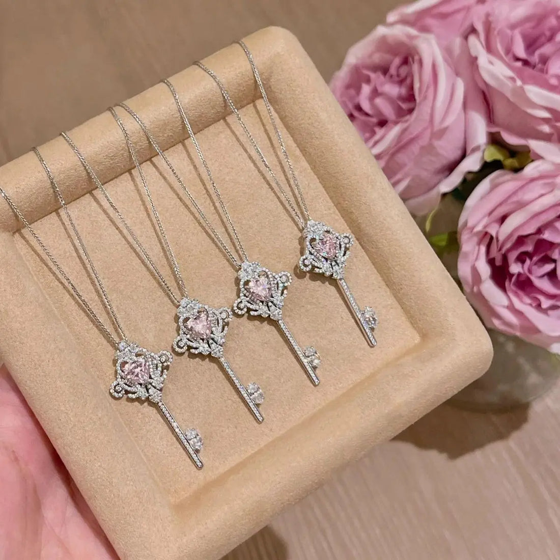 925 Sterling Silver Fairy Key Pendant Necklace with Pink Sakura Stone