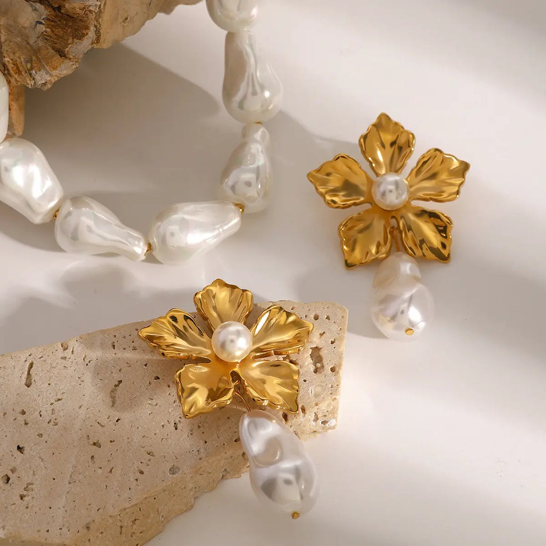 Stainless Steel 18K Gold - Plated Pearl Flower Stud Earrings