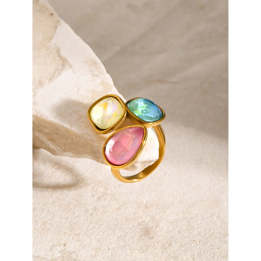 Adjustable 18K Gold Plated on Stainless Steel Open Ring with Colorful Gemstones