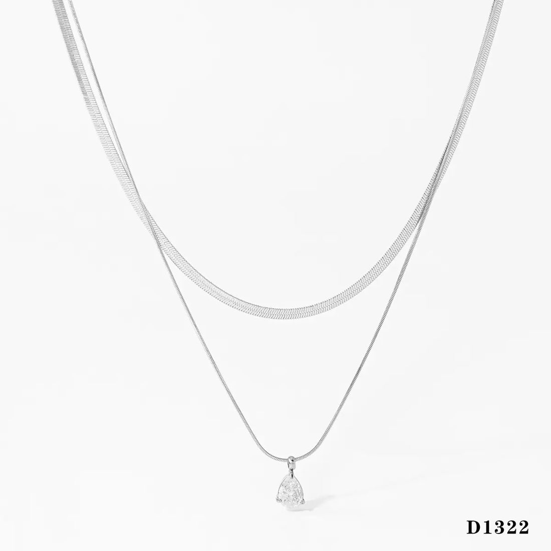 Stainless Steel Double-Layer Necklace with Teardrop Cubic Zirconia Pendant