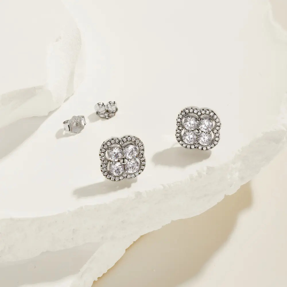 S925 Sterling Silver Four-Leaf Clover Cubic Zirconia Stud Earrings