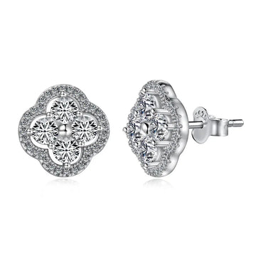 S925 Sterling Silver Four-Leaf Clover Cubic Zirconia Stud Earrings