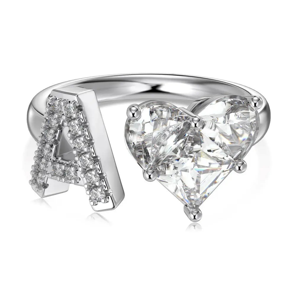 S925 Sterling Silver Initial Heart Ring with Cubic Zirconia