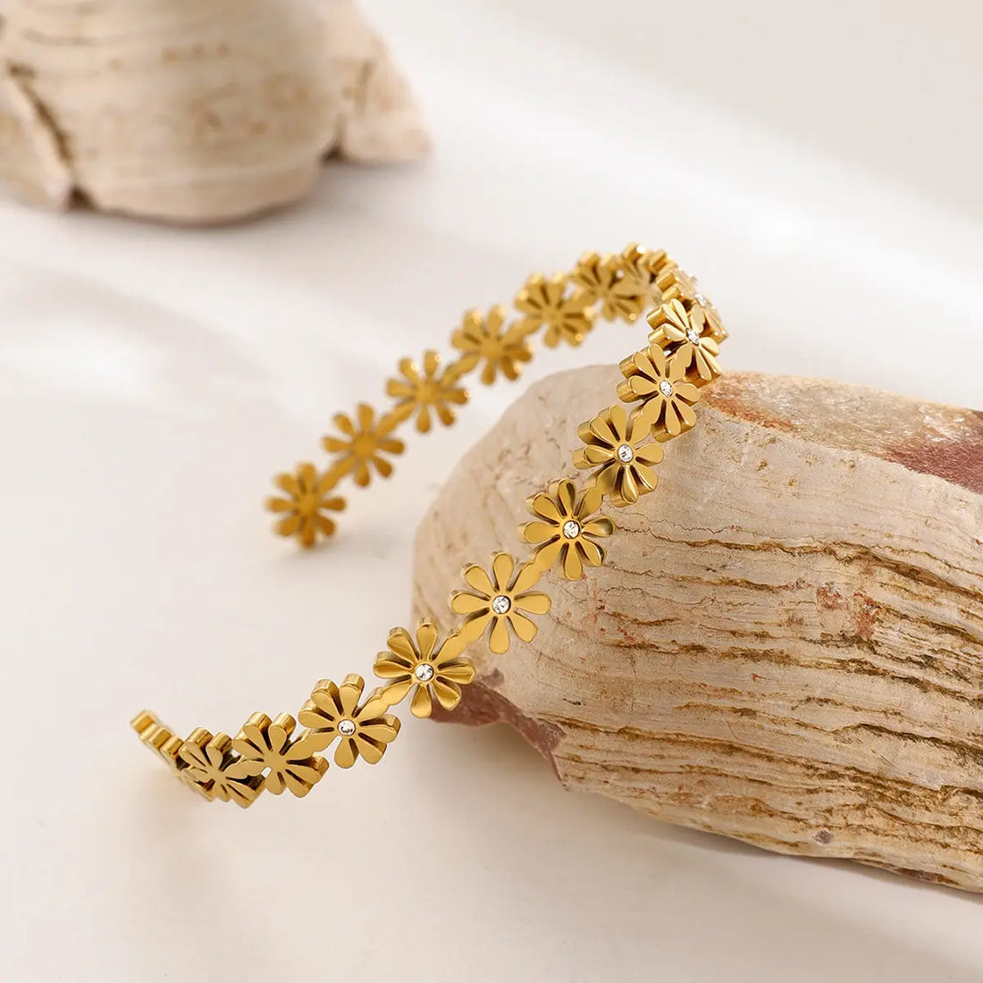 18K Gold-Plated Stainless Steel Daisy CZ Open Cuff Bracelet