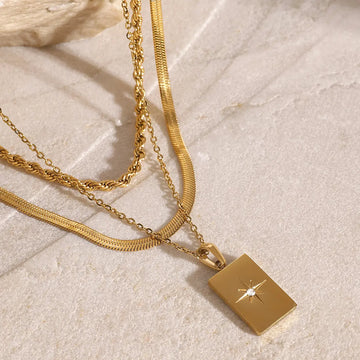 Stainless Steel Triple-Layer Star & Square Hollow Pendant Necklace