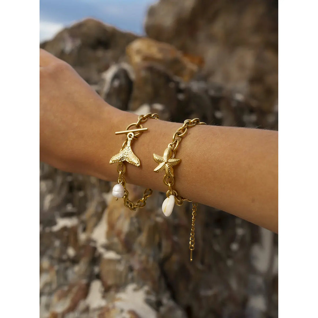 18K Gold-Plated Stainless Steel Starfish, Shell & Conch Charm Bracelet