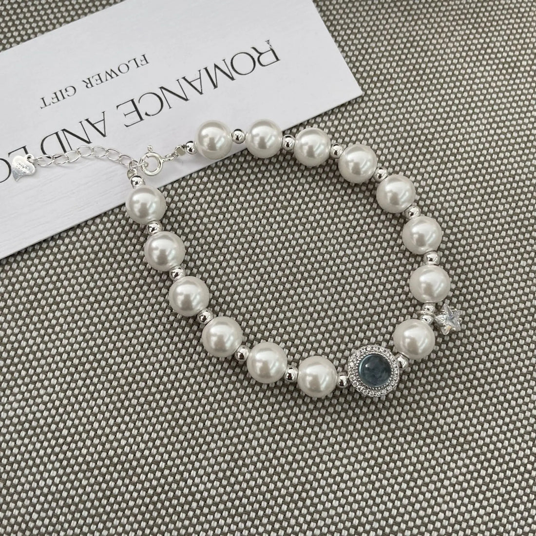 925 Sterling Silver Pearl & Aquamarine CZ Bracelet