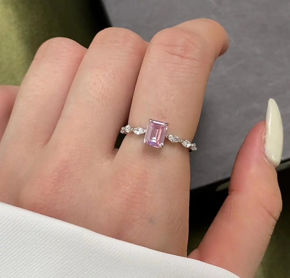 925 Sterling Silver Pink Square High Carbon Diamond Ring