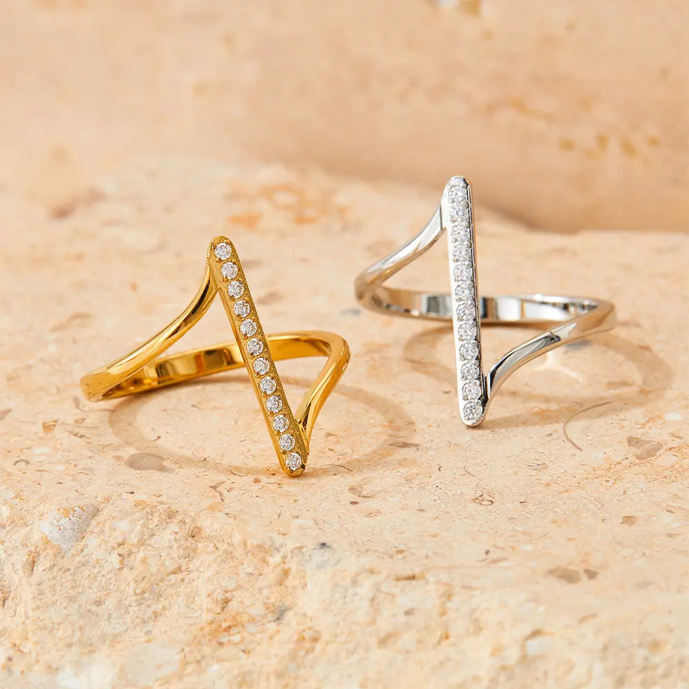 Stainless Steel Wave Band Cubic Zirconia Ring