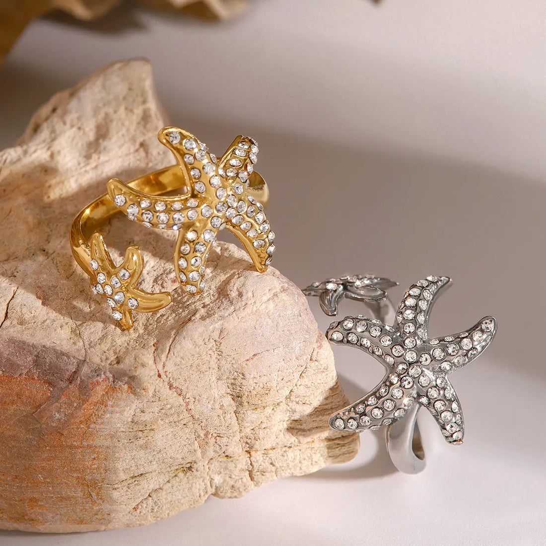 Stainless Steel Paved Starfish Open Ring