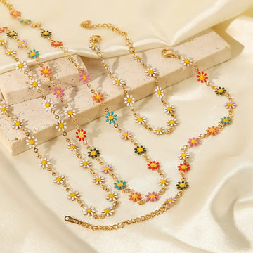 18K Gold Plated Stainless Steel Daisy Necklace & Bracelet – White & Multicolor Enamel