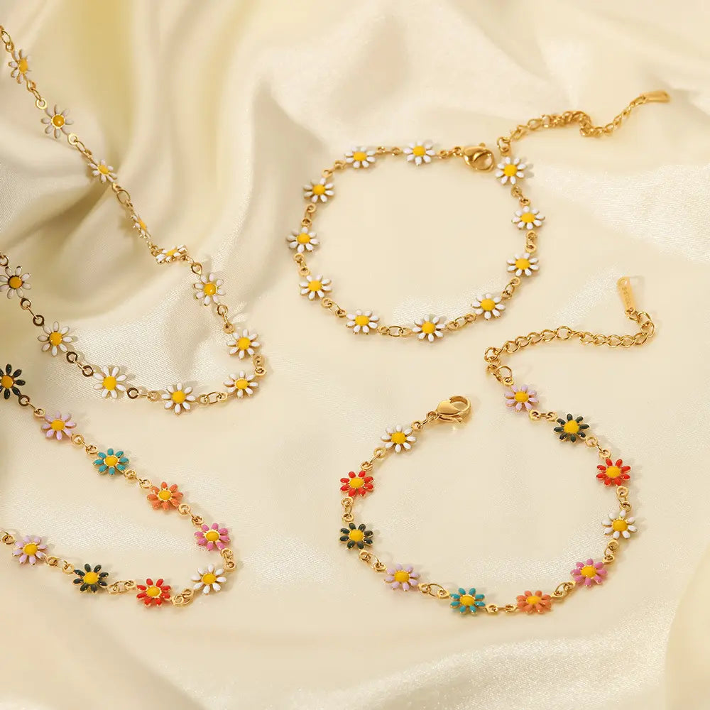 18K Gold Plated Stainless Steel Daisy Necklace & Bracelet – White & Multicolor Enamel