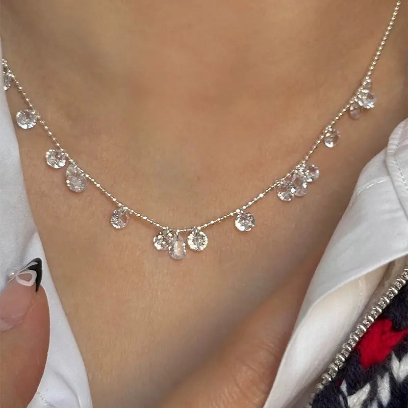 925 Sterling Silver Teardrop & Round Zirconia Pendant Necklace