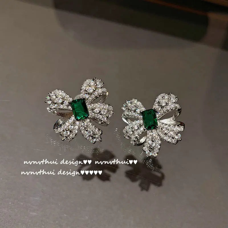 Emerald Green Gemstone Stud Earrings in Gold-Plated Brass with Zircon Accents