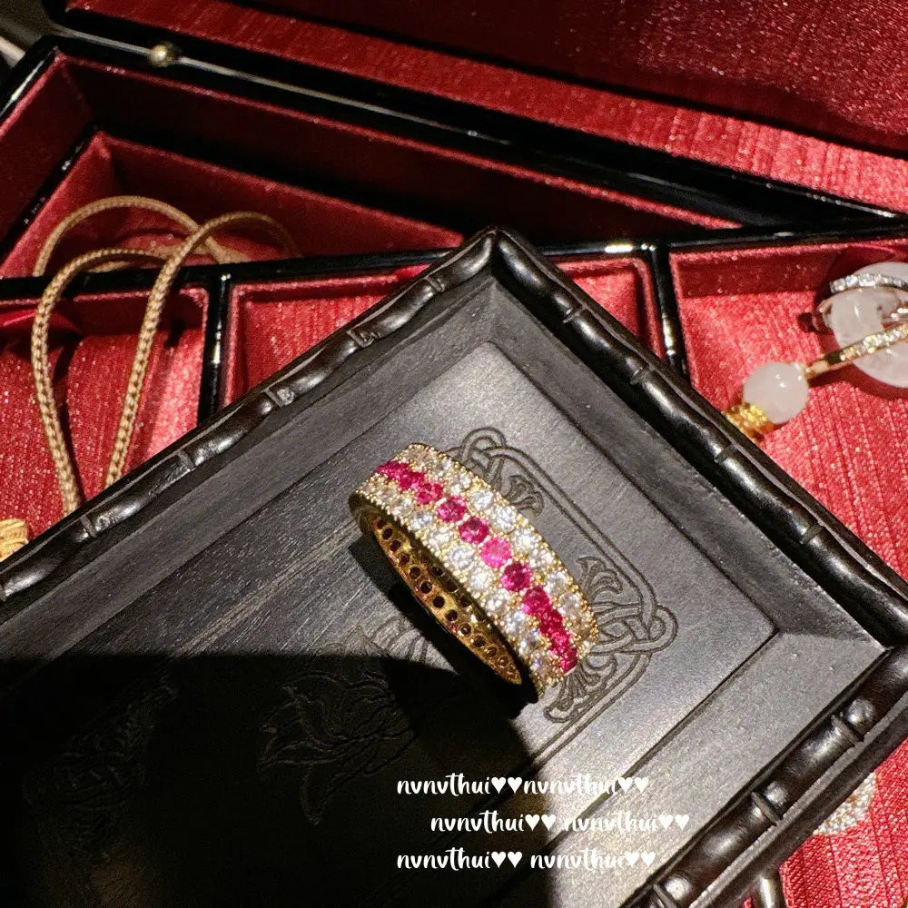 Vintage Gold Rose-Window Ring in Gold-Plated Brass with Zircon Pavé