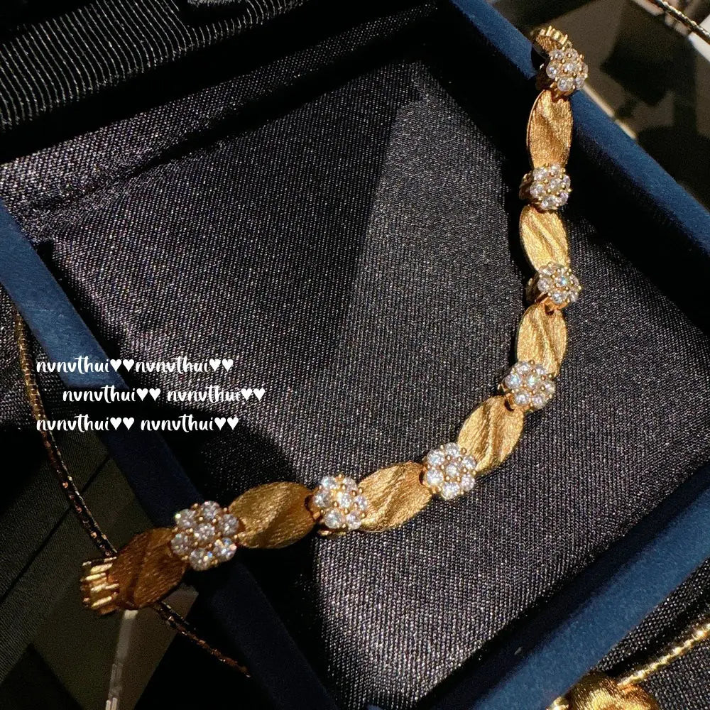 Italian Vintage Satin-Finish Flower Bracelet in Gold-Plated Brass with Zircon Accents