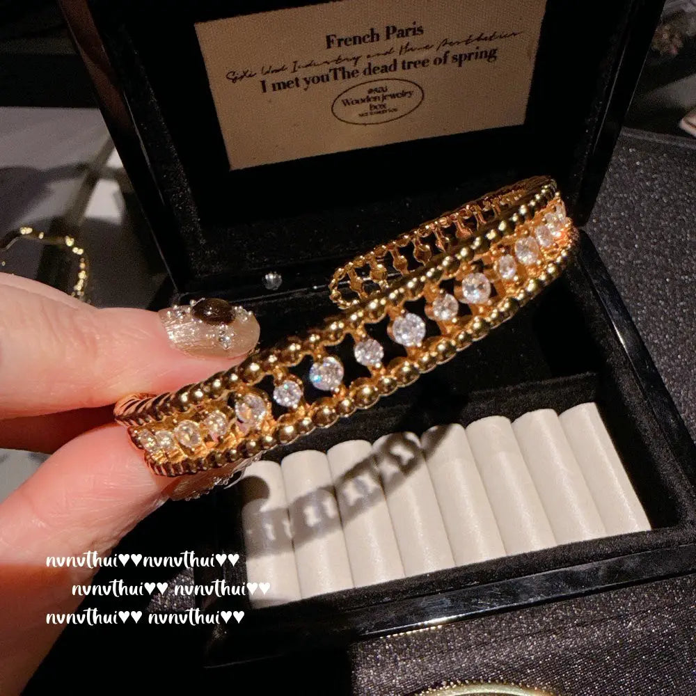 Italian Vintage Satin-Finish Flower Bracelet in Gold-Plated Brass with Zircon Accents