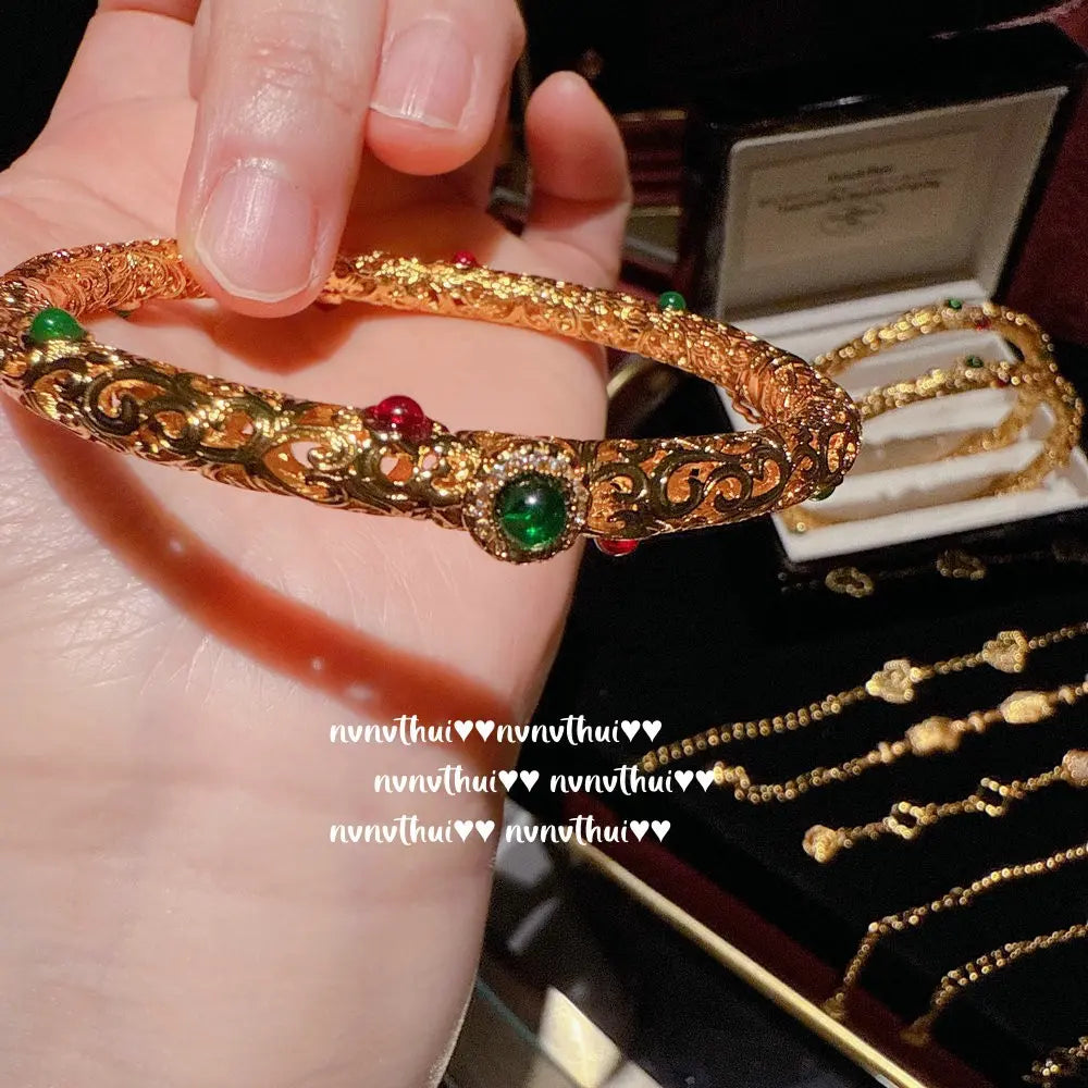 Vintage Filigree Inlay Bangle in Gold-Plated Brass with Green Chalcedony & Zircon Accents