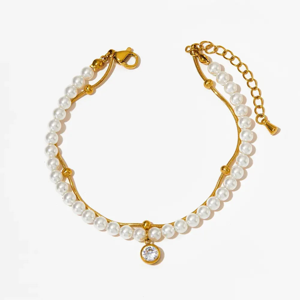 Gold & Silver-Plated Stainless Steel Double-Layer Shell Pearl Bracelet
