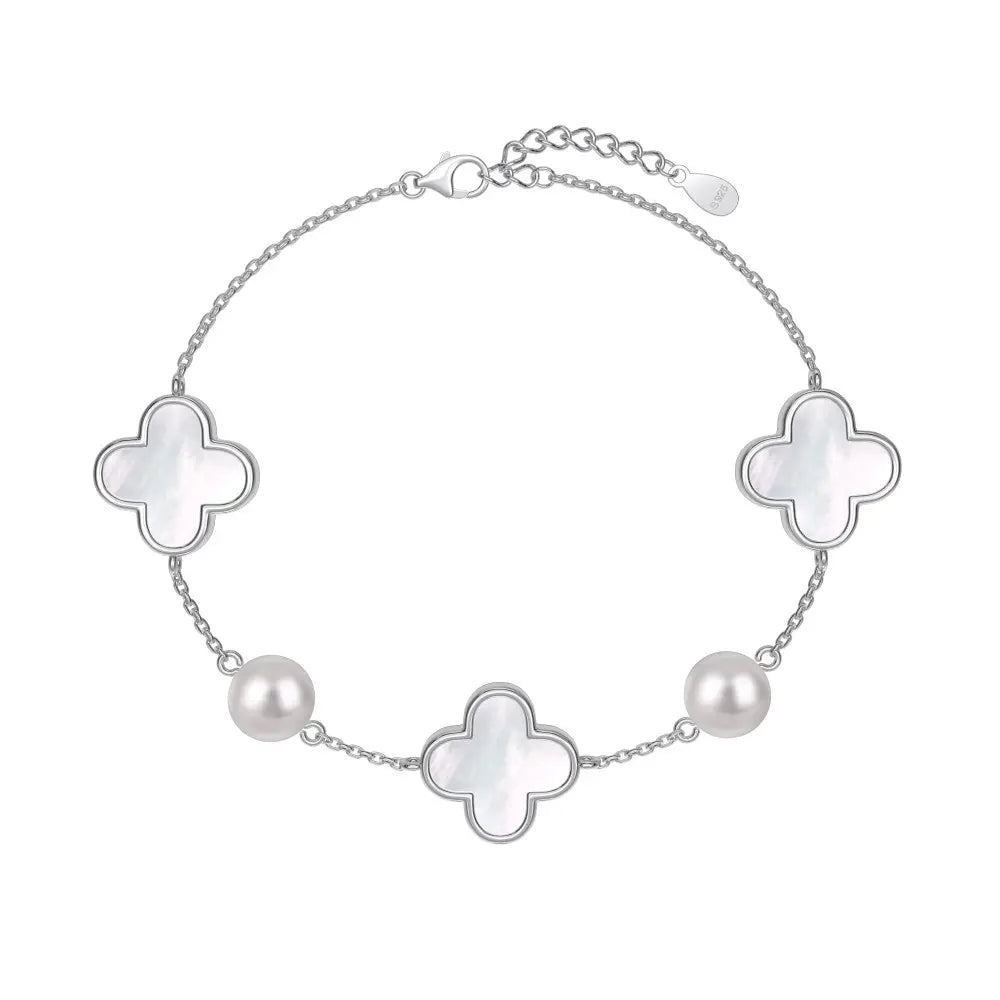 S925 Sterling Silver Four-Leaf Clover Pearl Bracelet