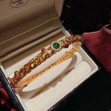 Vintage Filigree Inlay Bangle in Gold-Plated Brass with Green Chalcedony & Zircon Accents