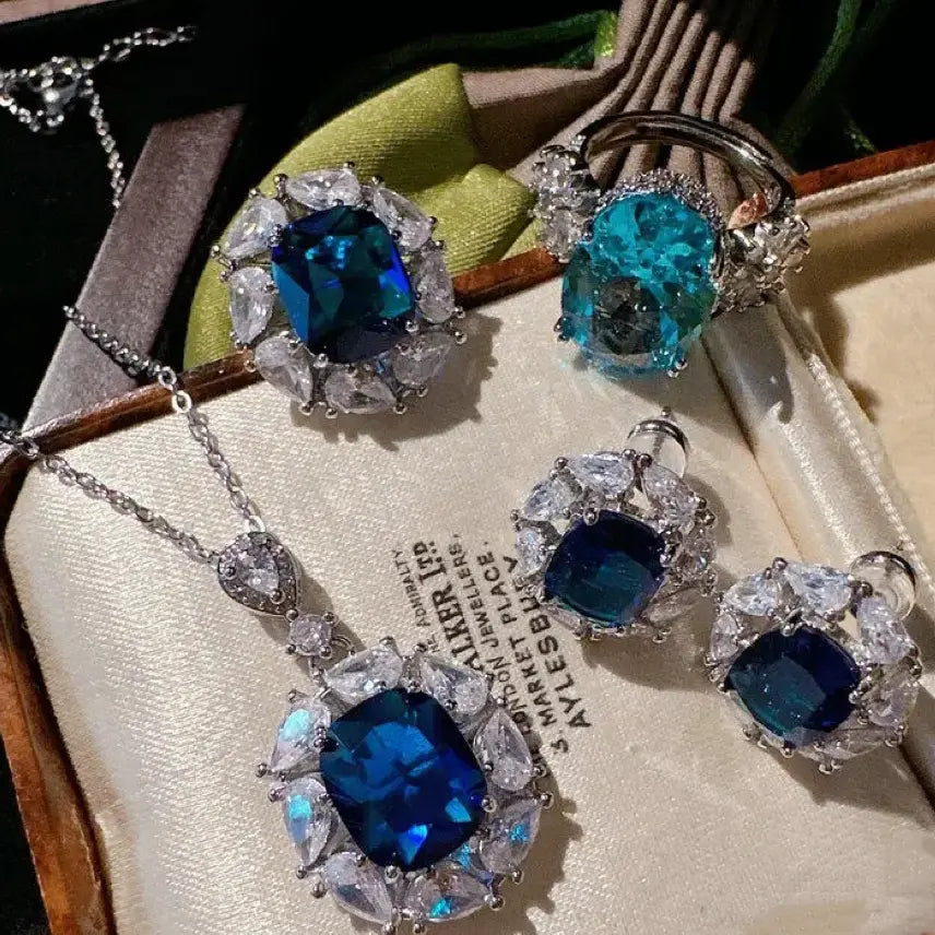 Sri Lankan Blue Sapphire Floral Jewelry Set  in Gold-Plated Brass with Zircon Accents