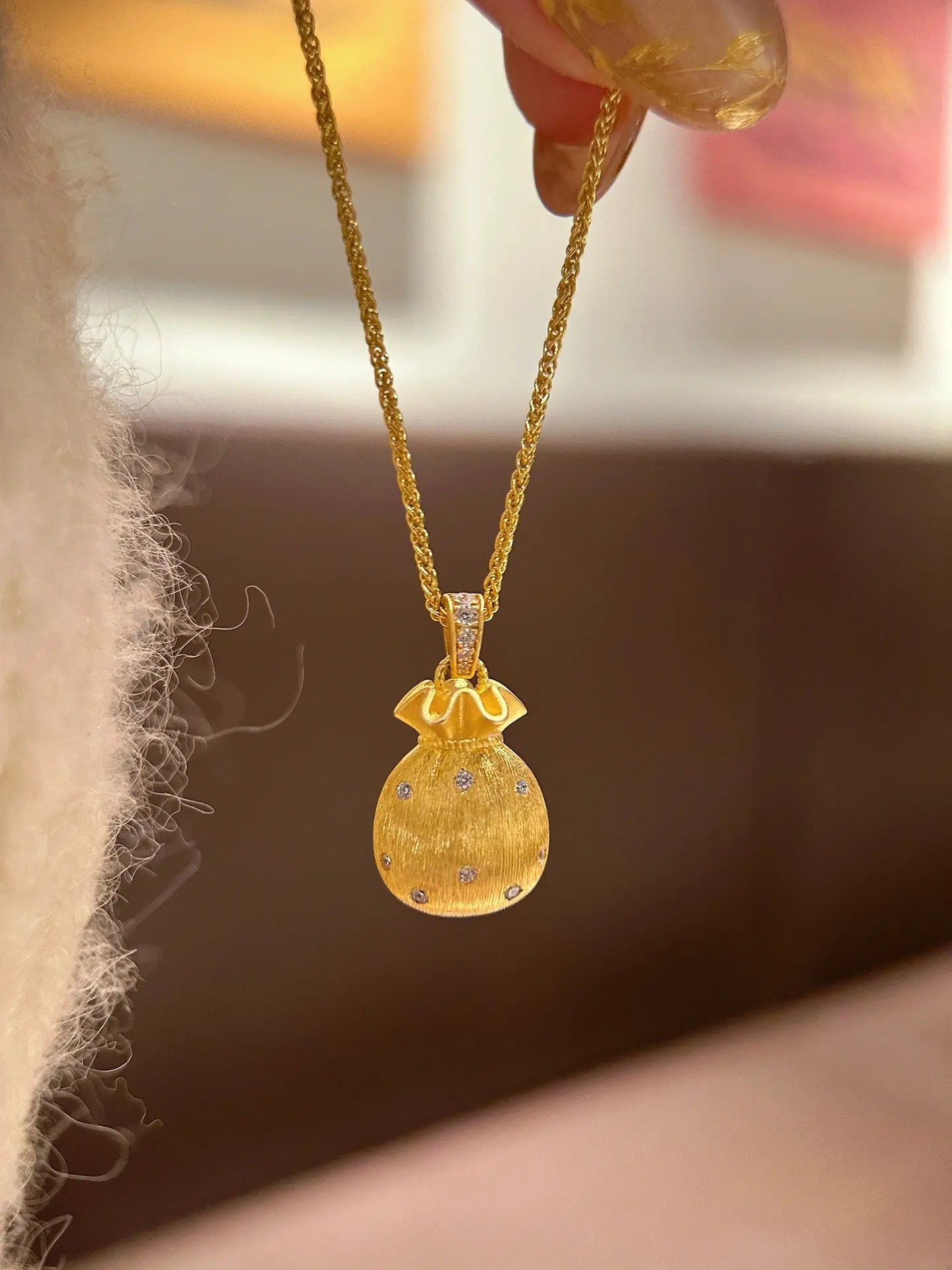 925 Silver Gold - Plated Diamond - Accented Lucky Pouch Necklace