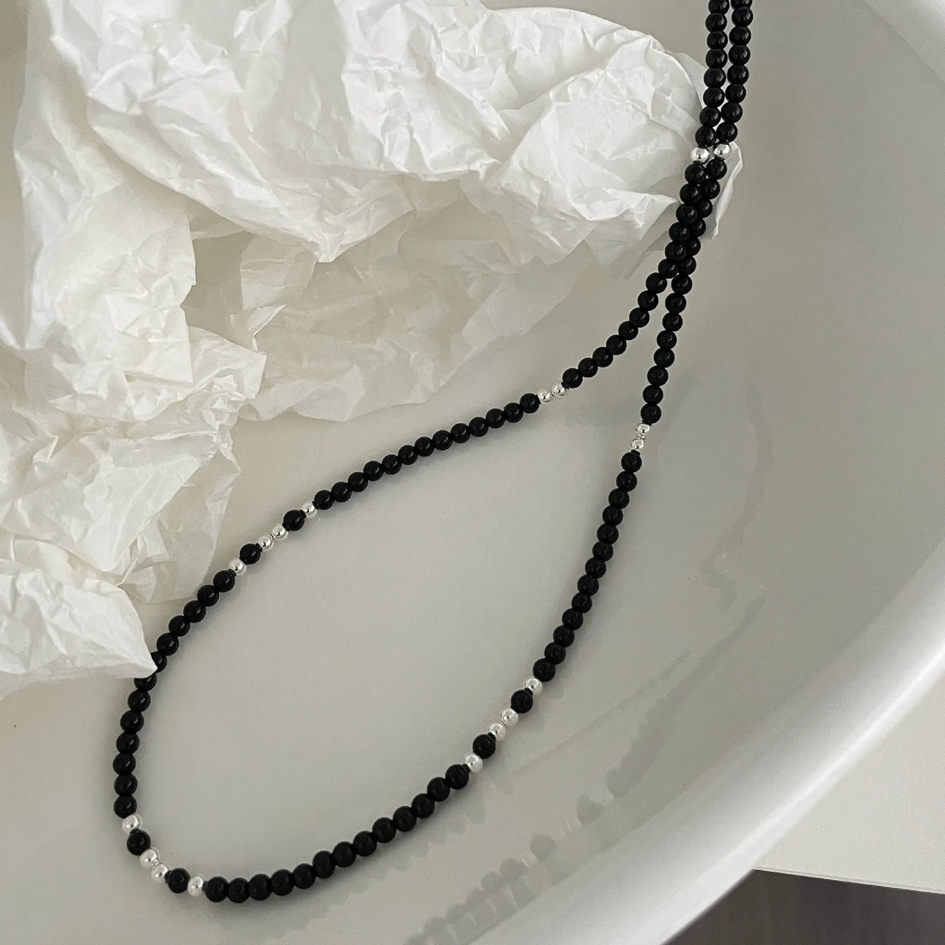 925 Sterling Silver & Black Agate Beaded Flash Necklace