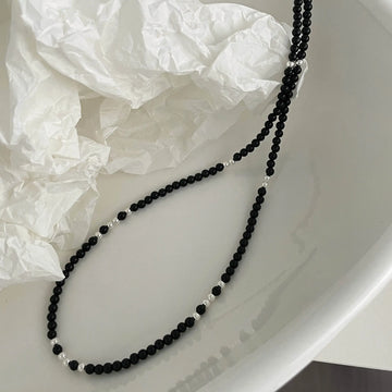 925 Sterling Silver & Black Agate Beaded Flash Necklace