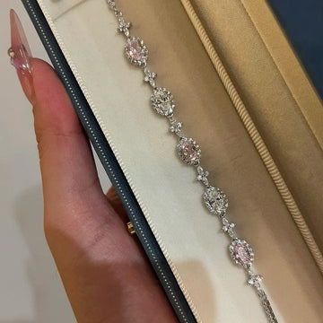 925 Silver Bracelet with Pink - White Diamonds, Four - Leaf Clover & Oval Zirconia