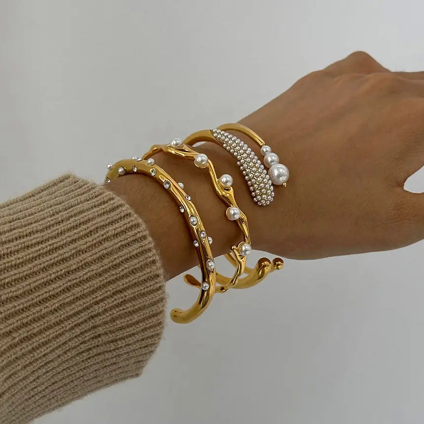 Stainless Steel Pearl Open - Cuff Bracelet