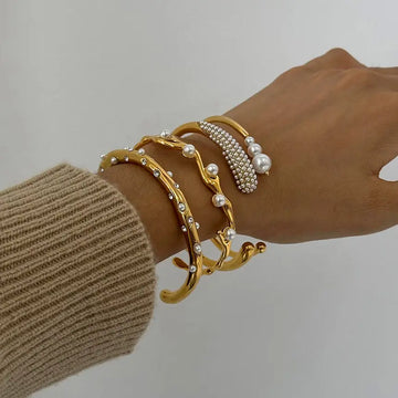 Stainless Steel Pearl Open - Cuff Bracelet