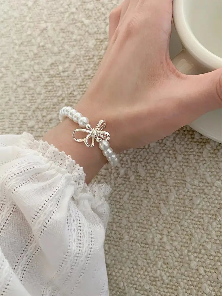925 Sterling Silver 3D Bow Knot Pearl Bracelet