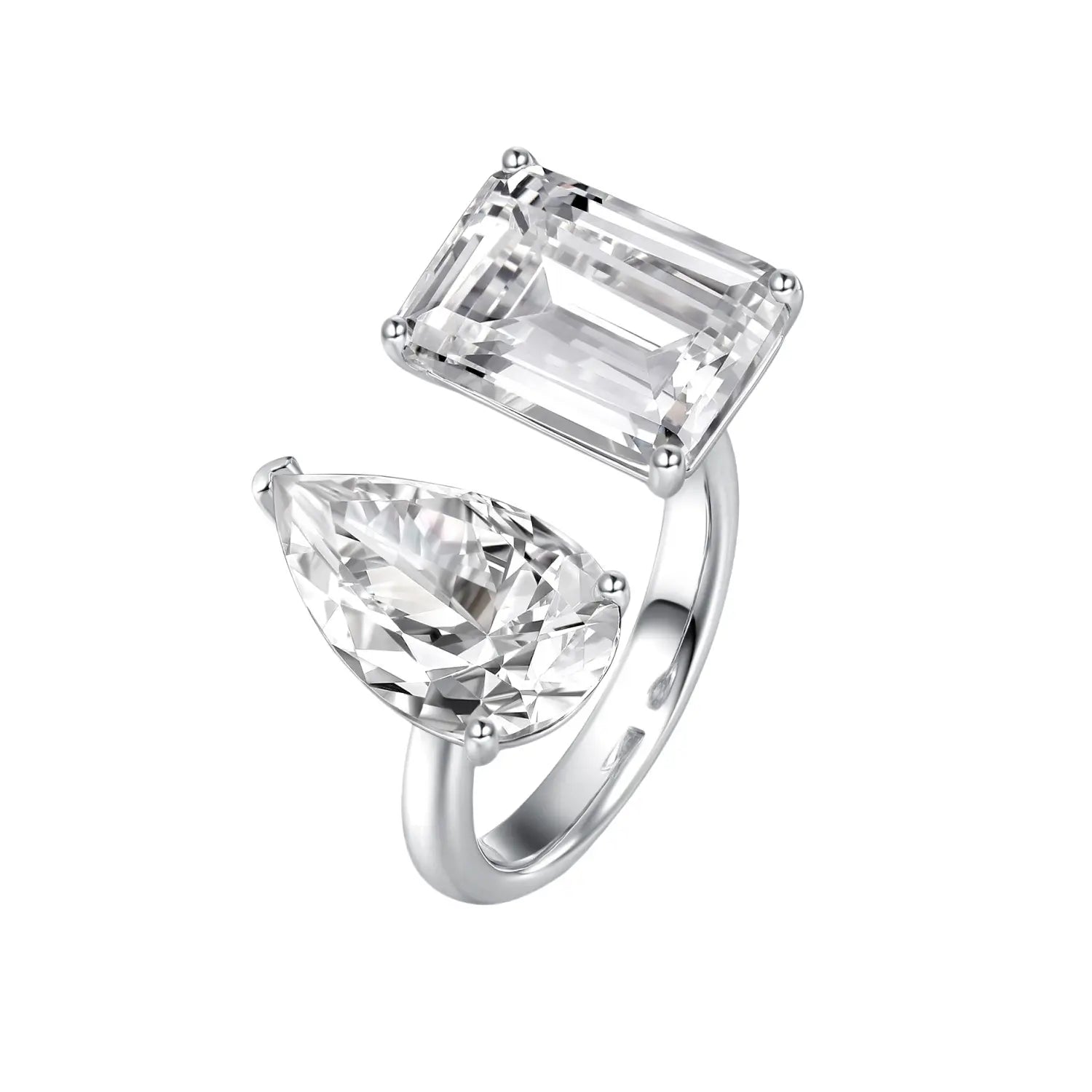 925 Sterling Silver Twin - Stone Ring: Pear - Shaped Drop & Square - Cut Diamond - Like Gem Ring