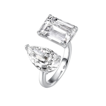 925 Sterling Silver Twin - Stone Ring: Pear - Shaped Drop & Square - Cut Diamond - Like Gem Ring