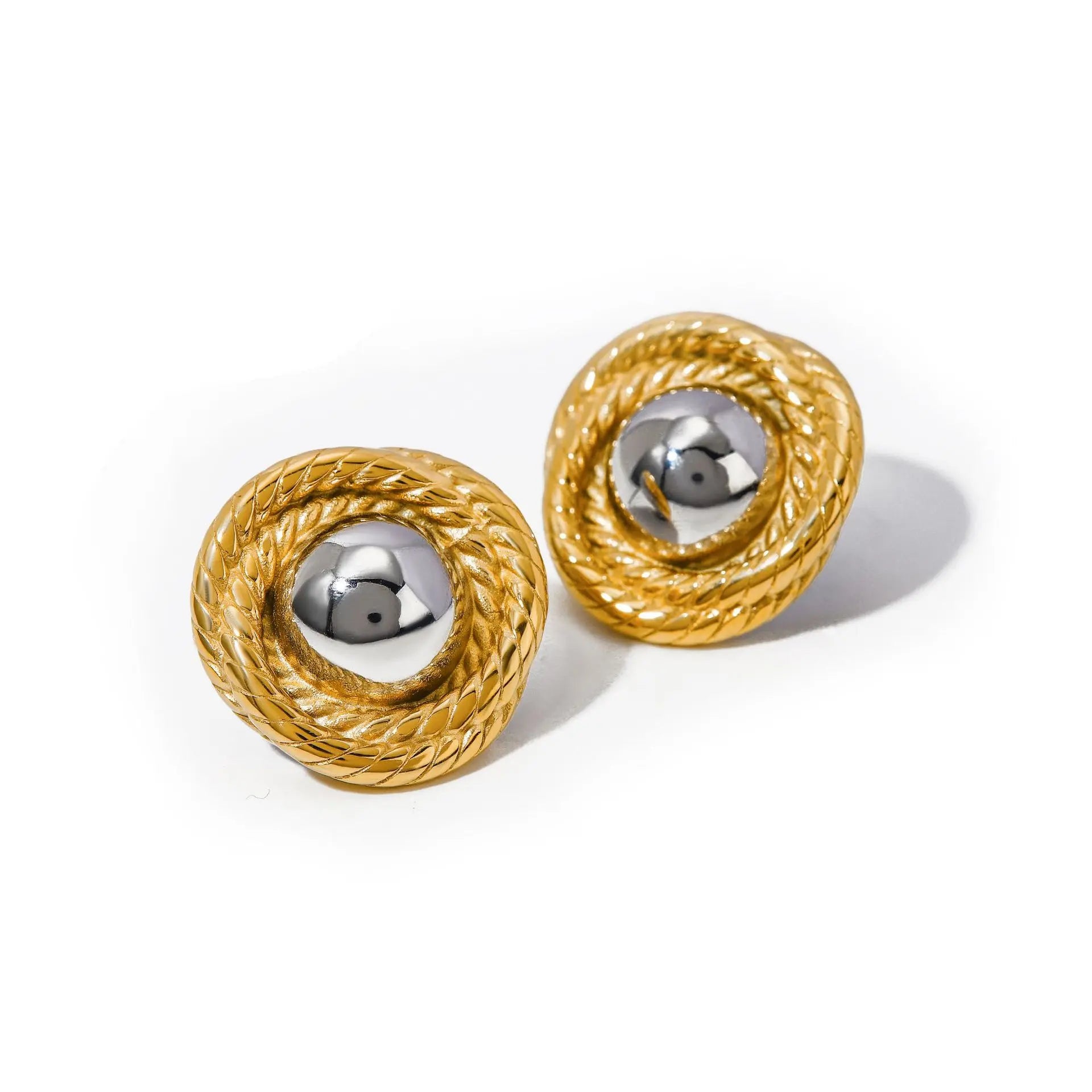 18K Gold-Plated Stainless Steel Twisted Textured Round Earrings