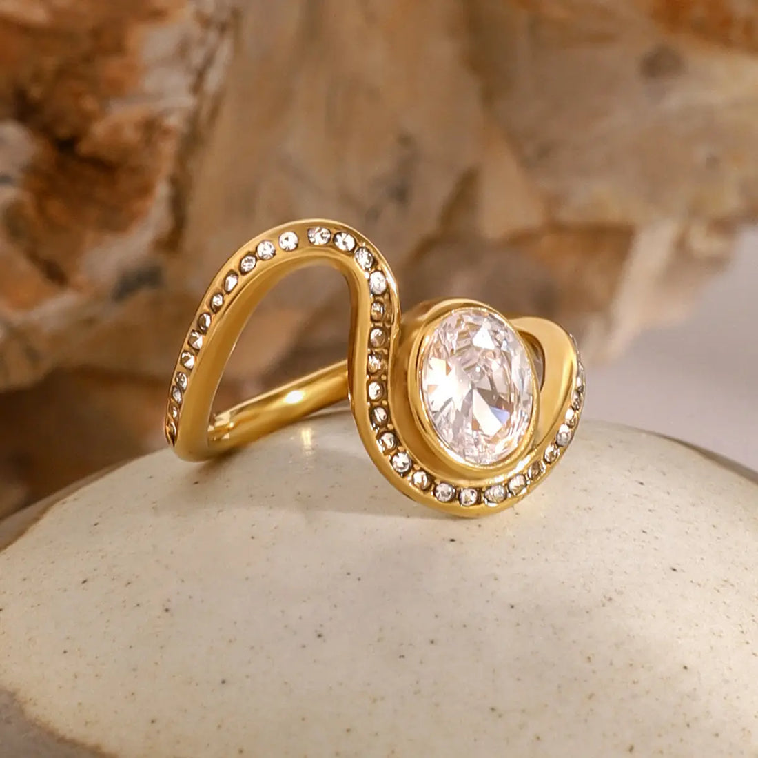Stainless Steel Irregular Ring with Rhinestones