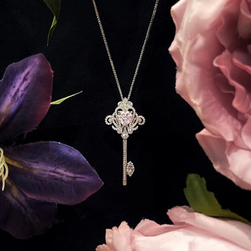 925 Sterling Silver Fairy Key Pendant Necklace with Pink Sakura Stone