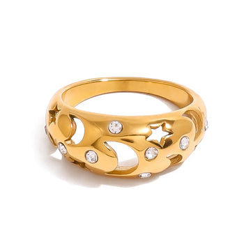 Hollow Star & Moon Ring – Stainless Steel with CZ Accents